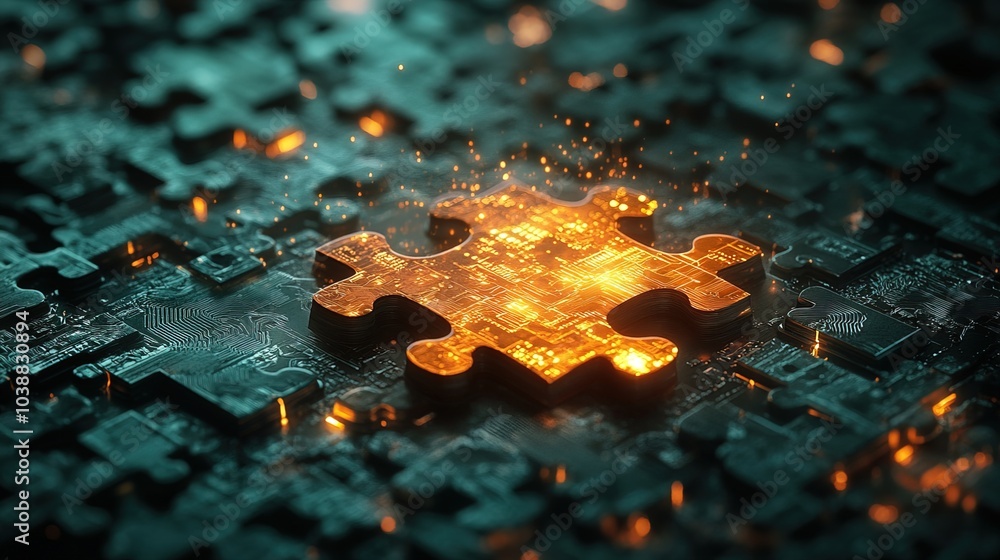 One piece of the puzzle glowing over digital network One piece of the puzzle glowing over digital network