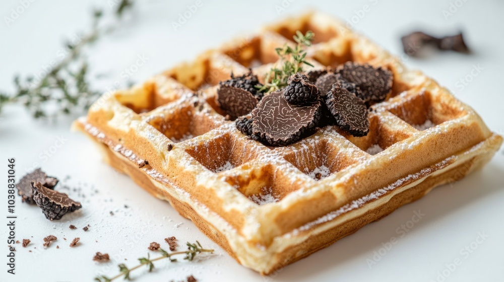 A waffle topped with chocolate and herbs, showcasing a gourmet food presentation. A waffle topped with chocolate and herbs, showcasing a gourmet food presentation.