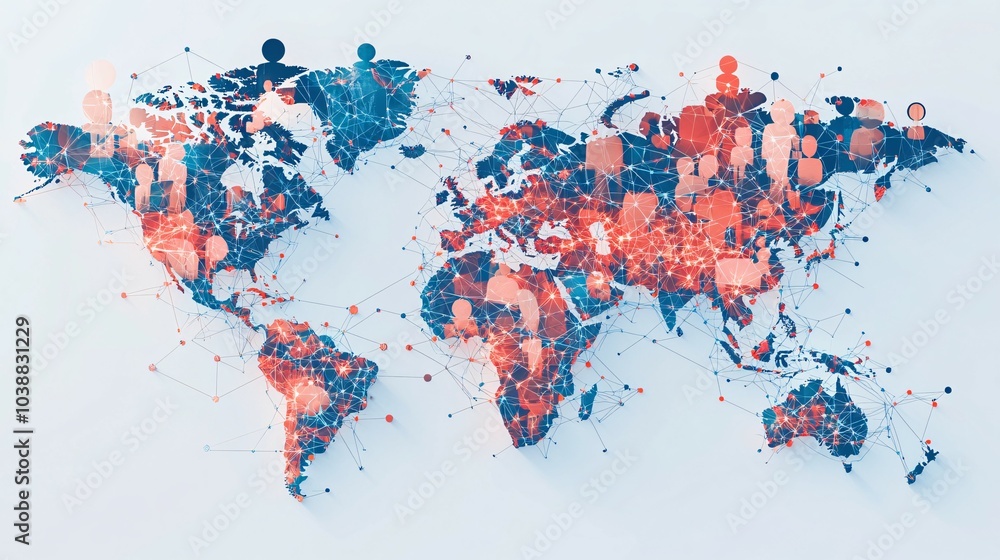 World Map with Connected People Silhouettes and Network Lines World Map with Connected People Silhouettes and Network Lines