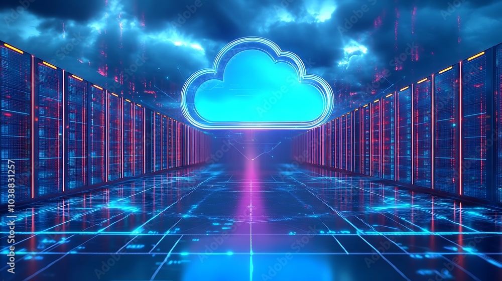 Futuristic Cloud Computing Network Servers. Digital illustration of cloud computing infrastructure with vibrant blue neon lights and futuristic data servers. Futuristic Cloud Computing Network Servers. Digital illustration of cloud computing infrastructure with vibrant blue neon lights and futuristic data servers.
