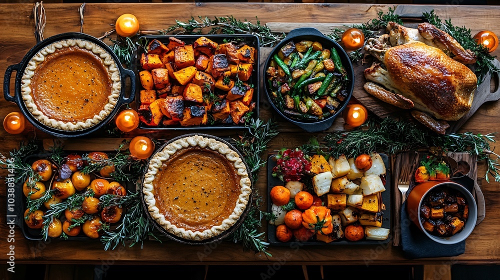 Fototapeta premium Top view of Thanksgiving table with traditional dishes