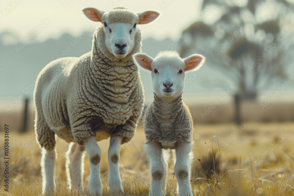 Two sheep standing in a field, one of which is a baby Two sheep standing in a field, one of which is a baby