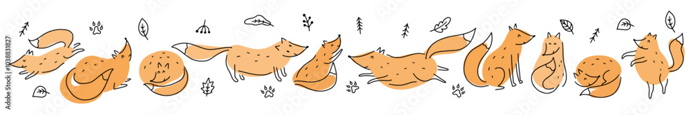 Vector horizontal illustration from a collection of hand-drawn foxes in the doodle style Vector horizontal illustration from a collection of hand-drawn foxes in the doodle style