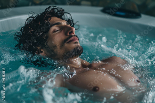 A man is in a hot tub, relaxing and enjoying the warm water photo