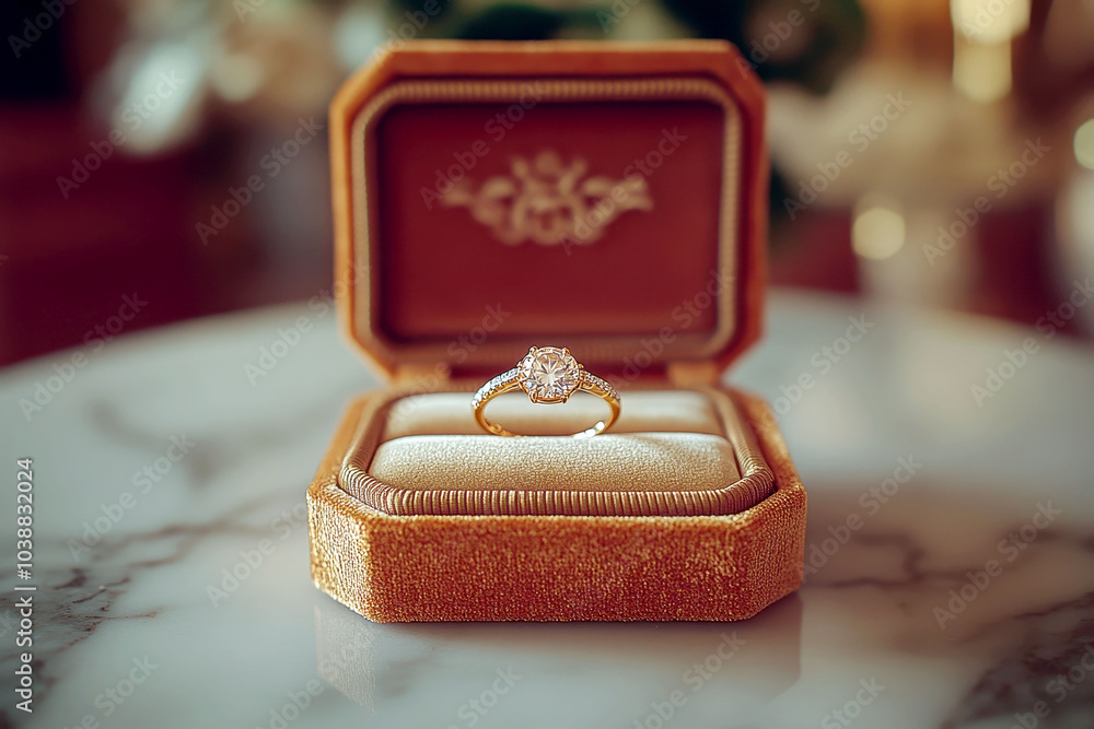 Classic diamond ring in golden velvet box on marble surface Classic diamond ring in golden velvet box on marble surface