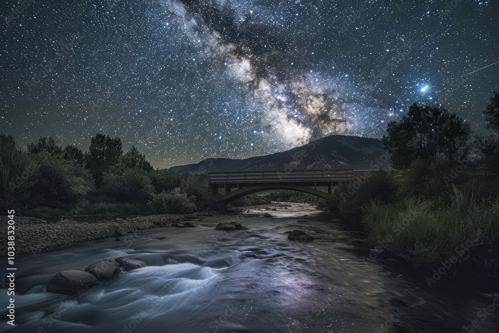 A bridge spans a river at night, with a sky full of stars A bridge spans a river at night, with a sky full of stars