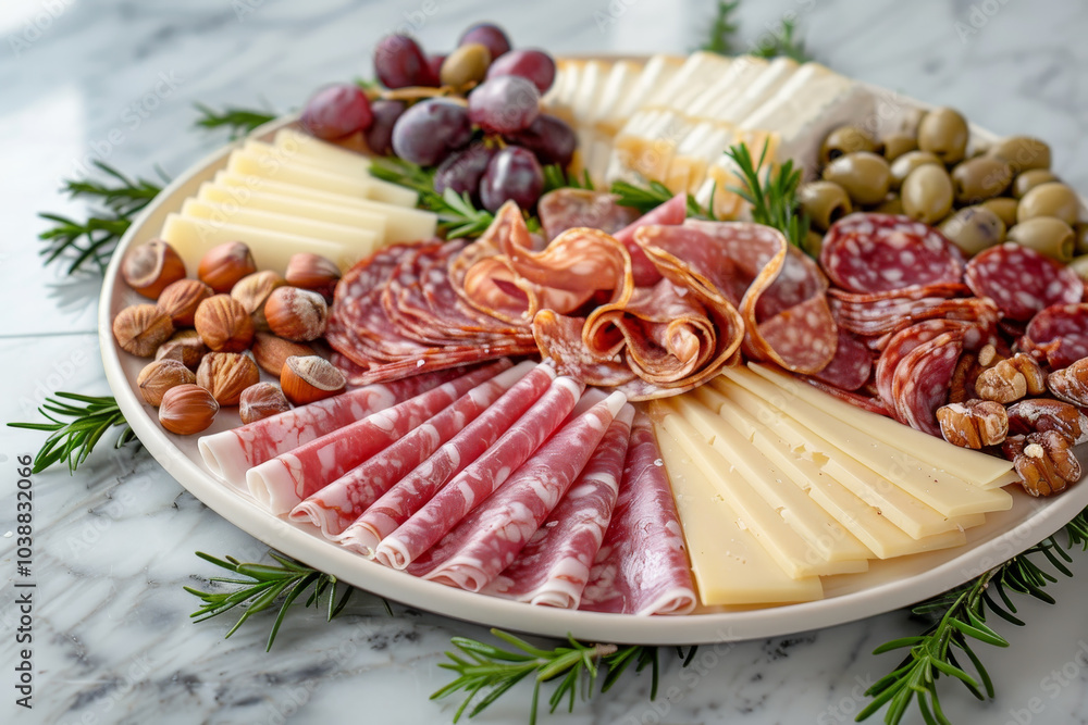 A white plate with a variety of meats and cheeses, including salami, ham A white plate with a variety of meats and cheeses, including salami, ham