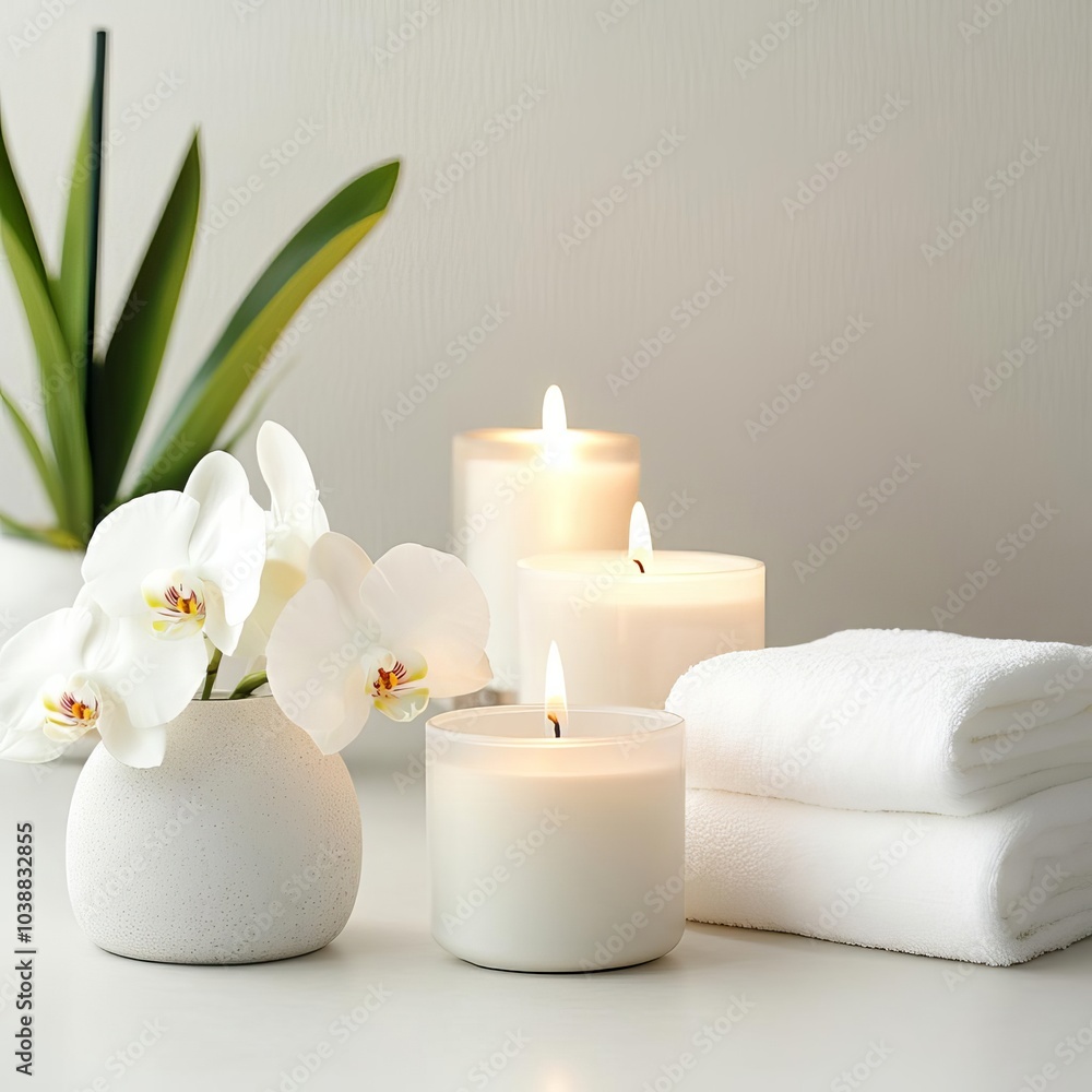 Fresh orchids and scented candles creating a calming spa atmosphere, soft lighting Fresh orchids and scented candles creating a calming spa atmosphere, soft lighting