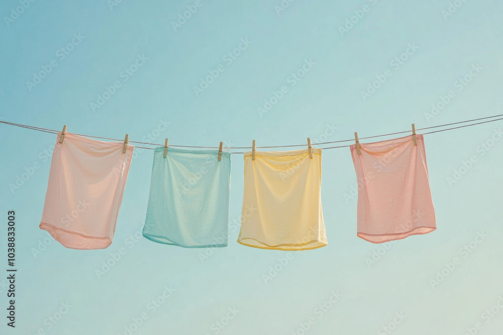 Three colored laundry towels hanging on a clothesline. Three colored laundry towels hanging on a clothesline.