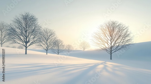 White snowcovered fields with a distant forest, soft winter sunlight casting long shadows, flat design illustration