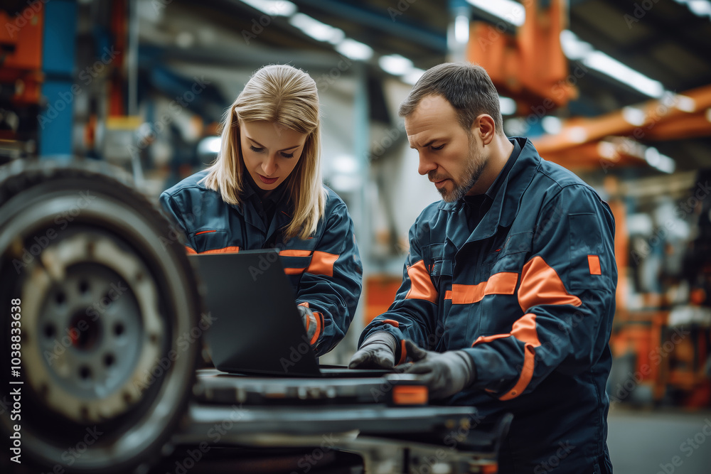Skilled mechanics inspecting wheel bearings in a busy auto repair shop Skilled mechanics inspecting wheel bearings in a busy auto repair shop