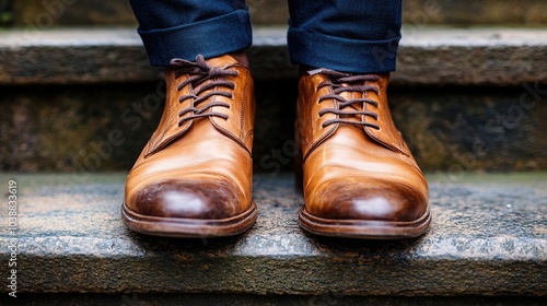 Closeup of determined businessmans feet ascending a steep staircase, business concept