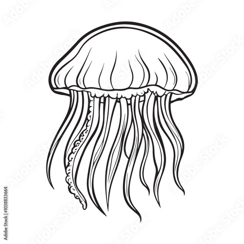 Black vintage silhouette jellyfish icon logotype and vector illustration, Jellyfish vector for logo or icon, coloring page for kids, line art, black and white