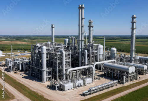 Gas processing plant: Industrial complex with towers, pipes, and tanks for refining natural gas under dramatic sky.