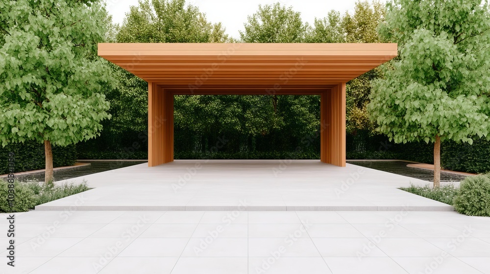 Outdoor yoga pavilion surrounded by trees and water features, spa wellness focus Outdoor yoga pavilion surrounded by trees and water features, spa wellness focus