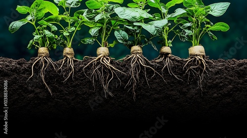 plants growing in the land, close-up,Individual,cross-section, plant, root,Meridians, absorbing nutrients,transporting nutrients,Real scene,  photo