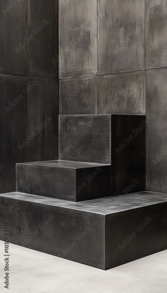 Three black concrete steps in a modern minimalist setting. Three black concrete steps in a modern minimalist setting.