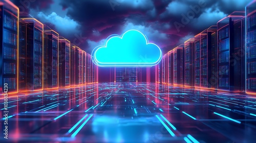 Wallpaper Mural Futuristic Cloud Computing Network Servers. Digital illustration of cloud computing infrastructure with vibrant blue neon lights and futuristic data servers. Torontodigital.ca