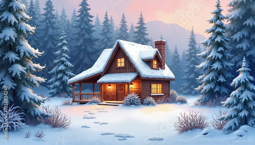 Cozy wooden cabin in the snowy forest, warm mood, watercolor style