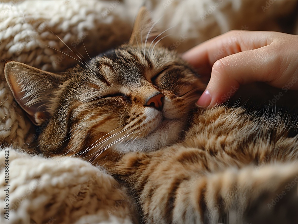 Cozy Domestic Cat Enjoying Gentle Petting While Resting on a Soft Knitted Blanket in a Warm Home Environment. Cozy Domestic Cat Enjoying Gentle Petting While Resting on a Soft Knitted Blanket in a Warm Home Environment.