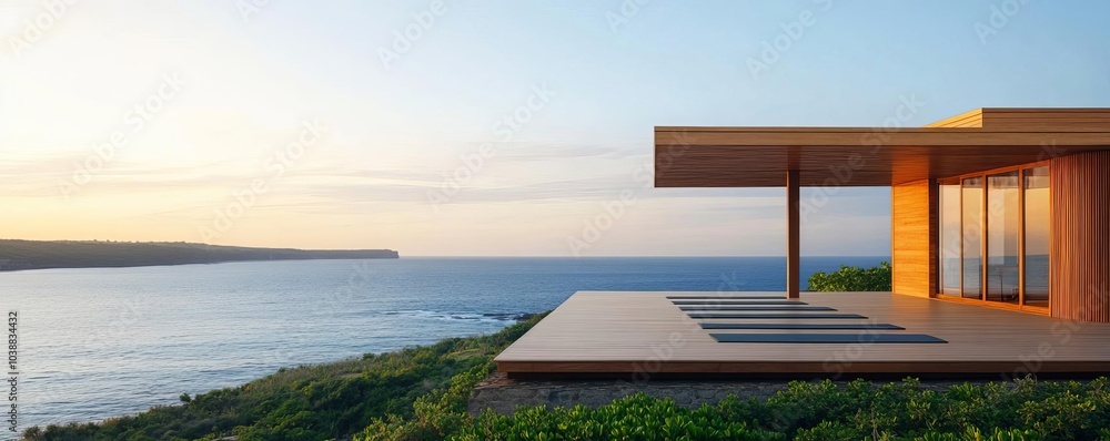 Fototapeta premium Scenic yoga deck overlooking the ocean, early morning light and serene surroundings