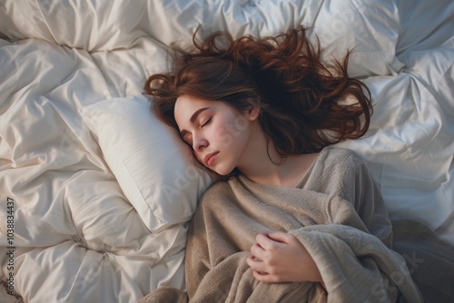 A peaceful young lady wearing pajamas enjoys a serene moment while resting on a fluffy bed during a calm morning photo