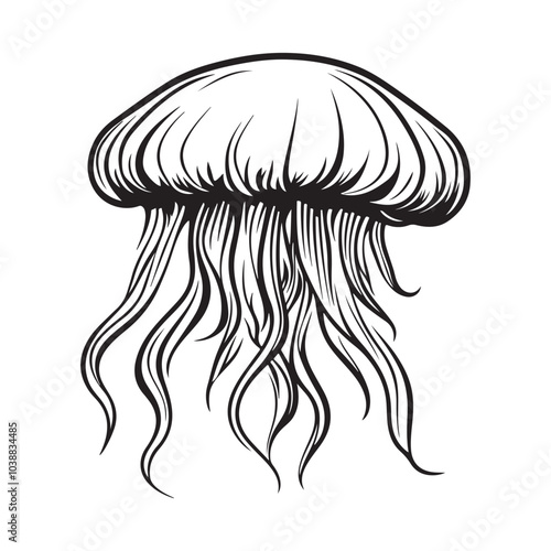 Black vintage silhouette jellyfish icon logotype and vector illustration, Jellyfish vector for logo or icon, coloring page for kids, line art, black and white