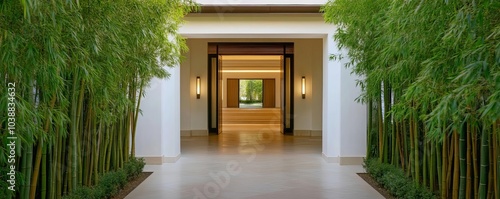 Spa entrance framed by bamboo trees and soft lighting, inviting and peaceful vibe