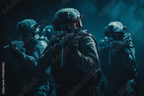 Armed Special Forces Team in Tactical Gear with Sand Smoke, Special operation Unit photo