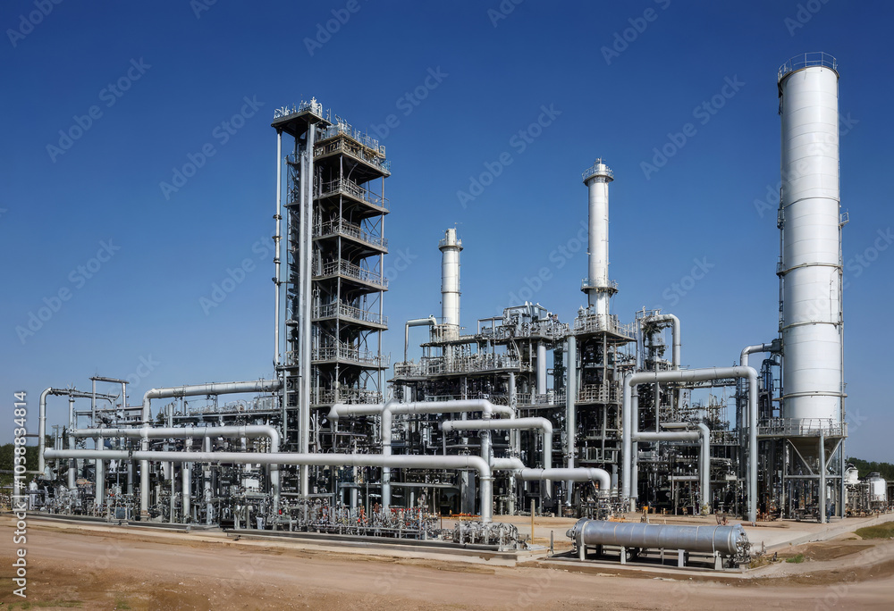 Gas processing plant: Industrial complex with towers, pipes, and tanks for refining natural gas under dramatic sky.