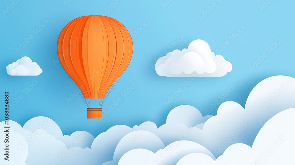 Obraz premium Bright orange hot air balloon soaring against a clear blue sky.