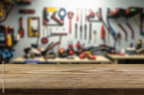 Blur craft workshop interior and empty wooden table top with space for products. photo