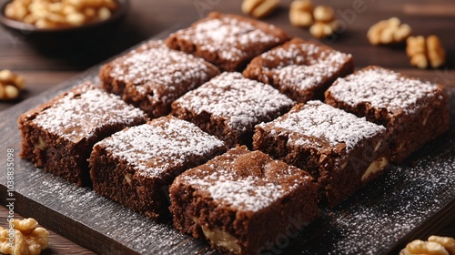 Brownie squares isolated on a dark wooden board, surrounded by walnuts and a light dusting of powdered sugar