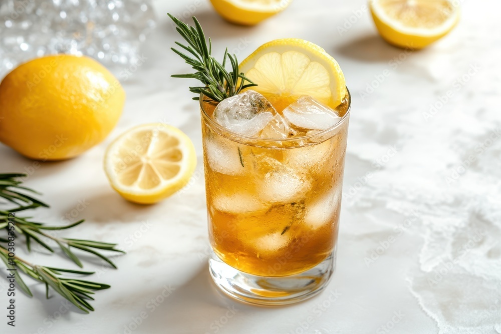 Chilled lemon drink with rosemary on a white table Chilled lemon drink with rosemary on a white table