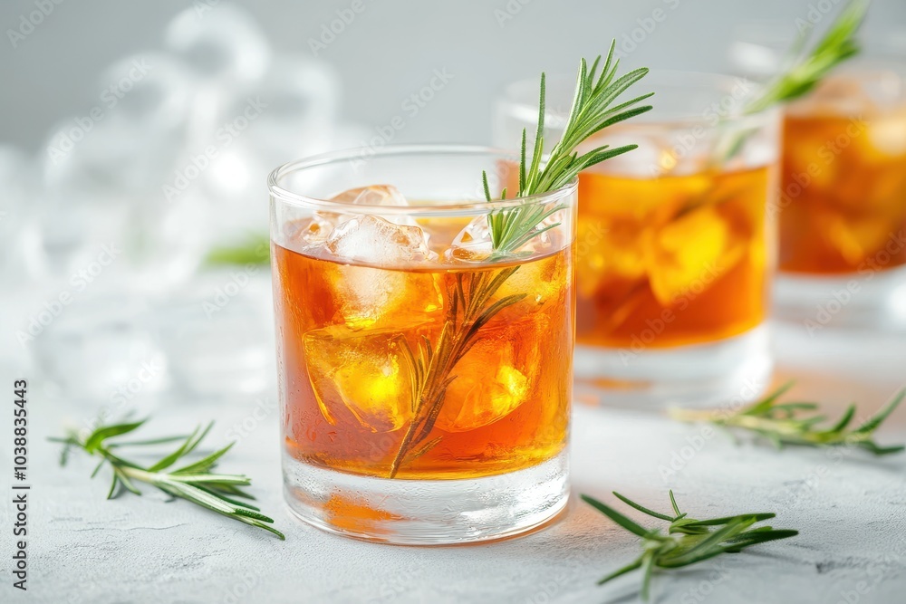 Chilled rosemary tea cocktail served in glasses for summer Chilled rosemary tea cocktail served in glasses for summer