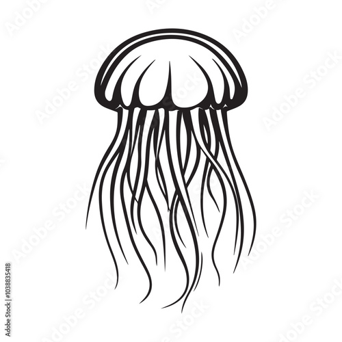 Black vintage silhouette jellyfish icon logotype and vector illustration, Jellyfish vector for logo or icon, coloring page for kids, line art, black and white