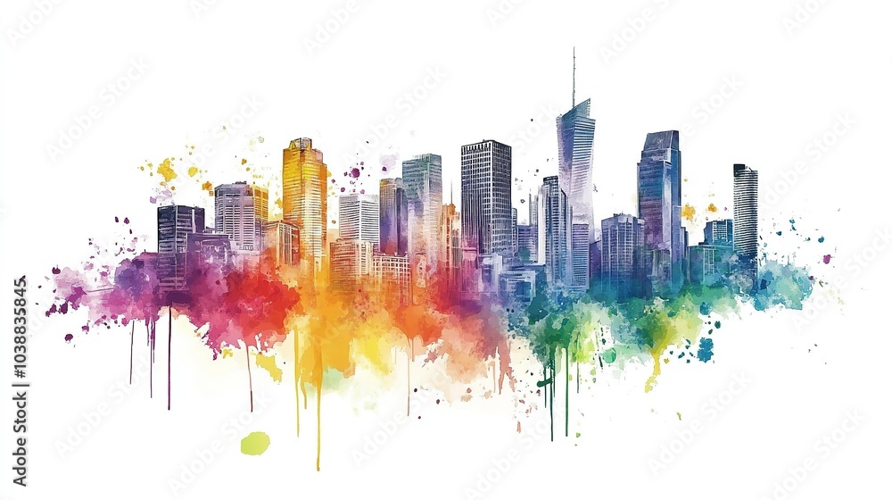 Fototapeta premium Colorful watercolor skyline of a vibrant city with tall buildings and splashes of artistic hues