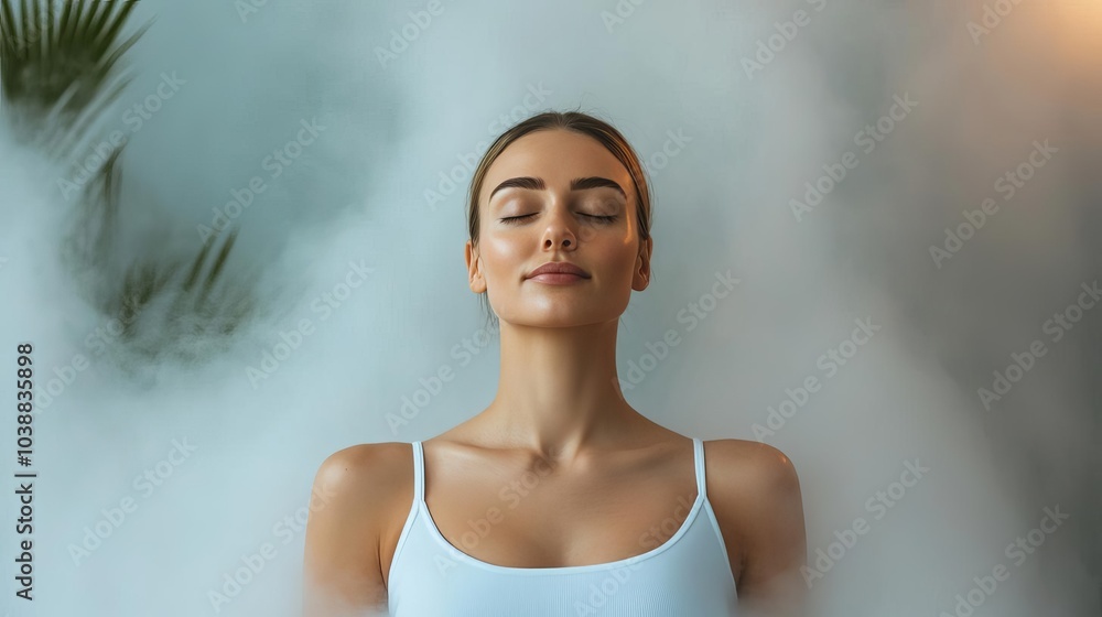 Obraz premium Woman relaxing in an aromatherapy steam room, surrounded by mist and calming scents