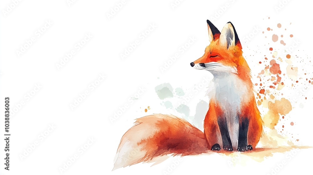 Obraz premium A serene fox resting in a colorful watercolor style with soft splashes of orange and yellow hues on a light background