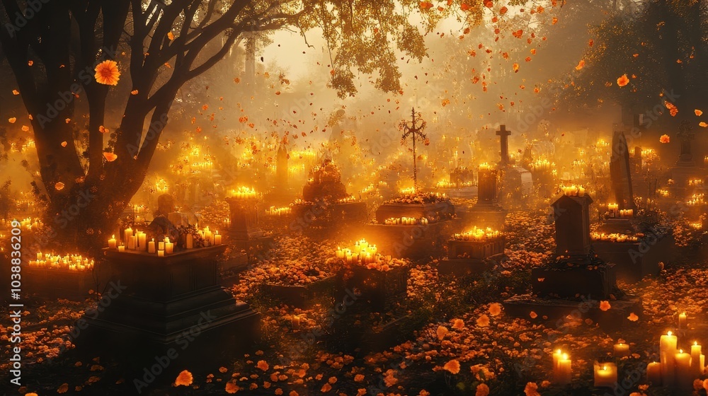 Fototapeta premium A mystical scene in a candlelit cemetery, where the spirits of the dead move gently among glowing altars, the candles flickering with supernatural energy 