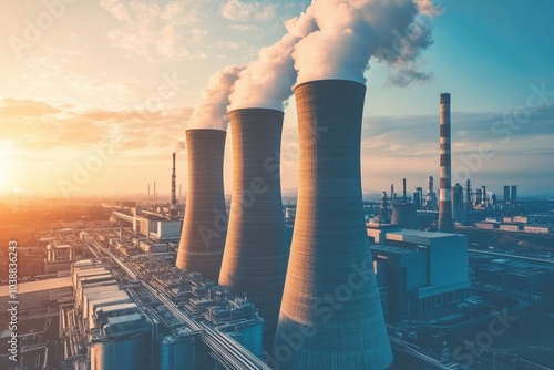 Wallpaper Mural Cooling towers release steam into the sky at a power plant during sunset in an industrial landscape Torontodigital.ca
