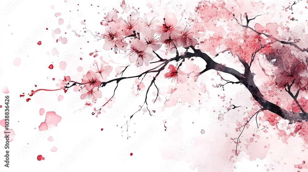 Beautiful cherry blossom branch in full bloom showcasing delicate pink flowers against a soft white background, symbolizing spring's arrival Beautiful cherry blossom branch in full bloom showcasing delicate pink flowers against a soft white background, symbolizing spring's arrival