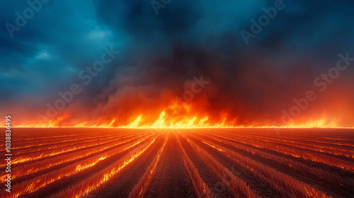 Massive wildfire illuminates a field under dramatic skies during dusk