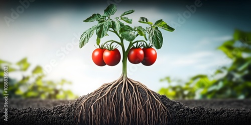 close-up of a tomato plant growing from a single central stem. The plant has detailed with a lot of tomatoes nahing from the plant . The roots extend visibly from the base of this single stem, spread photo