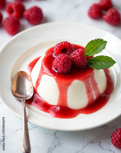 classic vanilla panna cotta served on a white plate, topped with a fresh raspberry coulis