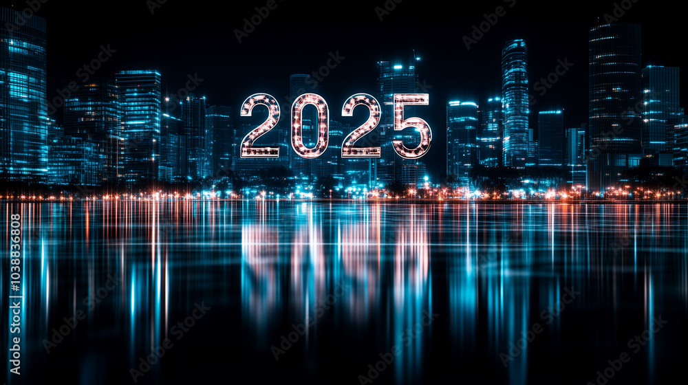 Naklejka premium Futuristic 2025: Metallic Numbers against Blurry Urban Background