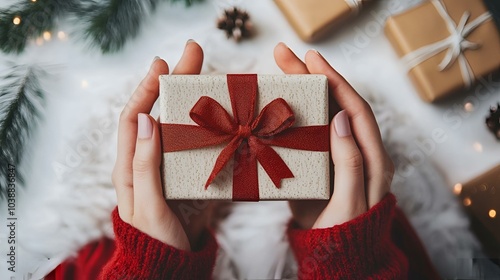  Christmas gifts wrapped in gold paper with red ribbons, pine cones, and evergreen branches on a  background.