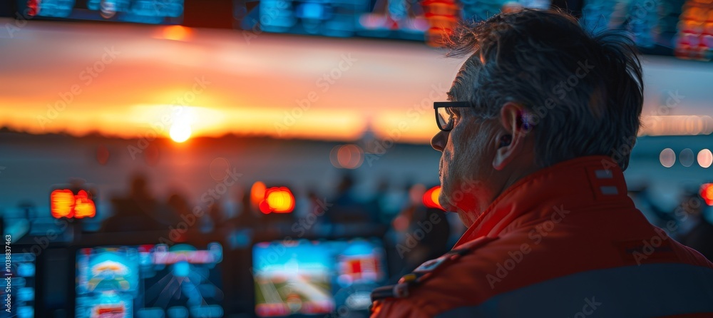 Fototapeta premium Air traffic controller oversees multiple screens in control tower at sunset, showcasing precision