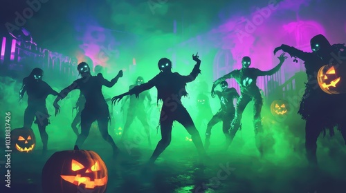 A neon horror scene of classic Halloween monsters dancing under bright, glowing green and purple lights, their silhouettes outlined in neon