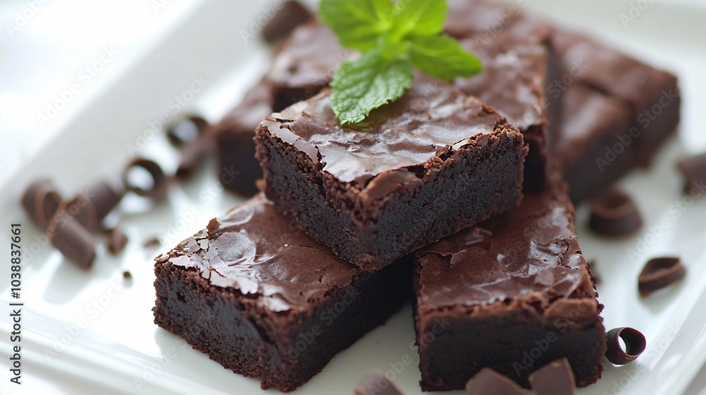 Fudgy brownies topped with melted dark chocolate, isolated on a white porcelain plate, surrounded by chocolate curls and a sprig of mint Fudgy brownies topped with melted dark chocolate, isolated on a white porcelain plate, surrounded by chocolate curls and a sprig of mint